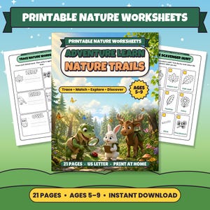 Puede incluir: Un conjunto de hojas de trabajo imprimibles sobre la naturaleza tituladas Adventure Learn Nature Trails para edades de 5 a 9 años. La portada muestra un dinosaurio, un conejo y un alce en un bosque. Incluye 21 páginas en formato A4 con actividades de calco y una búsqueda del tesoro con ilustraciones de hojas, aves e insectos.