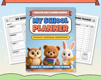 Pacchetto agenda scolastica per bambini senza date, con tabelle per compiti, lettura e faccende domestiche (PDF)