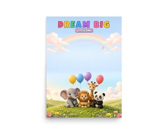 Poster "Sogna in grande, piccolo mio", simpatici animali della savana con palloncini, decorazione per la cameretta.