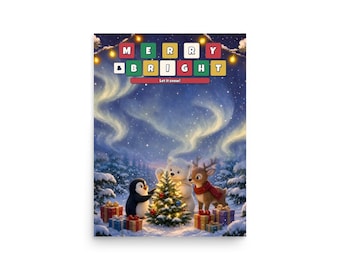 Poster di Natale allegro e luminoso per la cameretta dei bambini, con pinguini, orsi polari e renne, decorazione murale a tema natalizio.
