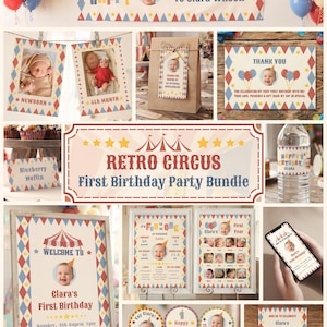Pode incluir: Um conjunto de decoração para o primeiro aniversário com tema de circo retrô, incluindo uma faixa, cartazes de marcos, topos de cupcake, cartões de agradecimento e convites com padrões de diamante, tendas de circo e fotos de uma criança.