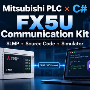 May include: A Mitsubishi Electric FX5U PLC unit with status indicator lights, connected via SLMP/MC Protocol to a laptop displaying C# source code. The text reads Mitsubishi PLC x C#, FX5U Communication Kit, SLMP, Source Code, and Simulator.