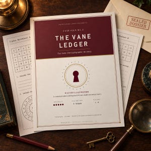 Puede incluir: Un documento de juego impreso titulado The Vane Ledger, Case File No. 2, con un encabezado rojo oscuro, un icono de cerradura central y texto que detalla un rompecabezas de cifrado. La página indica dificultad, 3-6 horas y 1-4 jugadores.