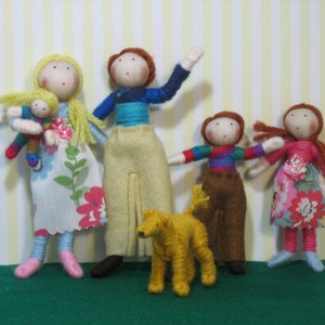 Dolls House Doll Family- Mum, Dad, 3 children plus dog- customisable