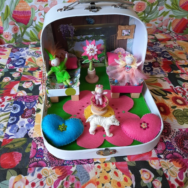 Fairy doll House in a suitcase with dolls and furniture