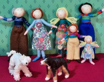 Dolls' House Doll Set - 4 adults, 2 children and 2 pets - customisable