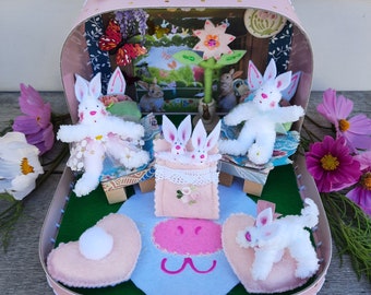 Bunny doll House in a suitcase with dolls and furniture