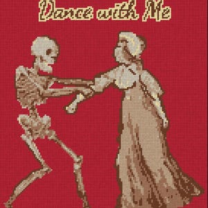 Puede incluir: Un patrón de punto de cruz sobre fondo rojo que muestra a un esqueleto y una figura con vestido largo bailando juntos. El texto "Dance with Me" está bordado en color beige claro sobre las figuras, representadas en tonos beige y marrón.