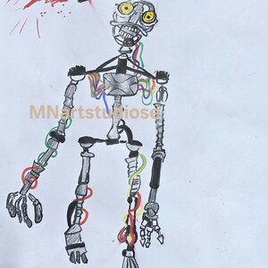 May include: A hand-drawn illustration of a robotic skeleton figure labeled MIMIC at the top. The figure features a metallic frame with exposed colorful red, blue, green, and yellow wires, a circular head with yellow eyes, and a red splattered mark.