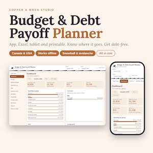 Könnte beinhalten: Ein digitaler Budget- und Schuldenabbauplaner von Copper & Wren Studio, dargestellt auf einem Tablet- und Smartphone-Bildschirm. Die Benutzeroberfläche bietet ein Dashboard mit Tools zur Verfolgung von Einnahmen und Ausgaben.