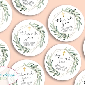 Set of 12 - Olive Baptism Christening Religious Favor Tags Stickers Labels