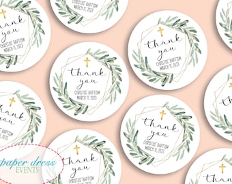 Set of 12 - Olive Baptism Christening Religious Favor Tags Stickers Labels