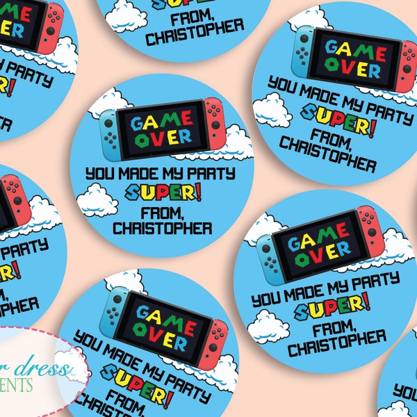 Set of 12 - Super Mario Switch Gamer Inspired Thank You Tags Labels Gamer Video Game Birthday Party