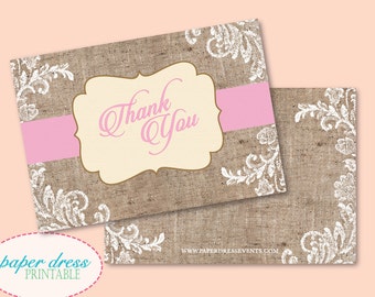 Rustic Pink Classic Burlap Baby Shower Thank You Shabby Chic Girl Vintage Instant Download - Printable PDF