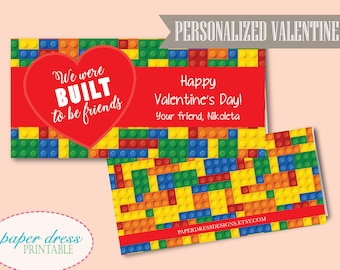 May include: Printable Valentine's Day card with a red heart and the text "We were BUILT to be friends". The card has a Lego brick pattern and says "Happy Valentine's Day! Your friend, Nikoleta".