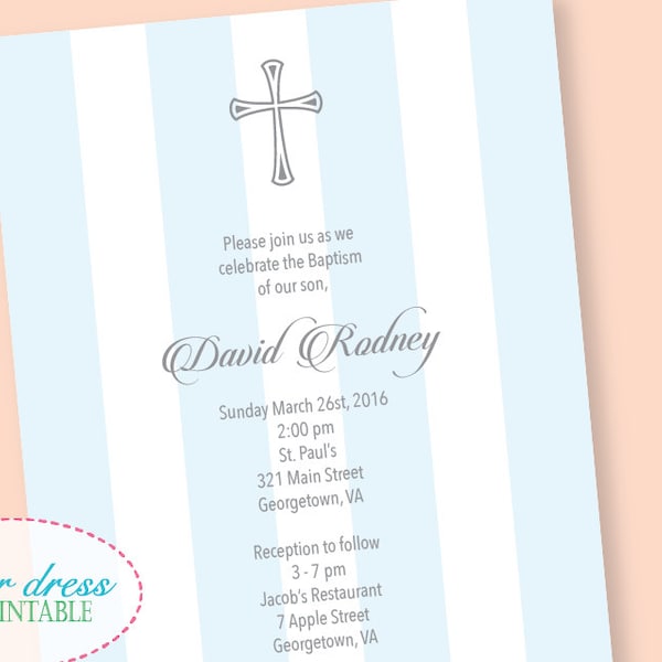 Baptism Christening Communion Religious Striped Invitation - Printable PDF