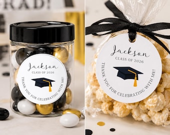 Personalized Graduation Favor Tags Stickers | Class of 2026 Grad Party Labels | Custom 2” Round Graduation Tags