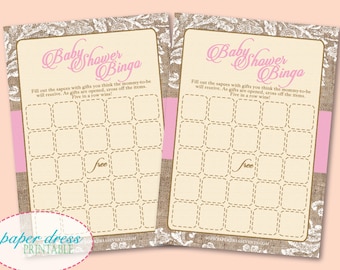 Rustic Pink Classic Burlap Baby Shower Bingo Shabby Chic Girl Vintage Instant Download - Printable PDF