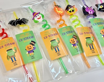 May include: A set of plastic spiral drinking straws in various colors, each topped with a Halloween-themed character like a bat, ghost, or pumpkin. Each straw is individually packaged with a rectangular card featuring a cartoon character and the text 'HOPE YOUR HALLOWEEN IS EX-STRAW SPOOKY! FROM, OWEN'.
