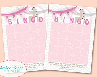 INSTANT Download - Baby Giraffe Chevron Shower Bingo Game Card Pink - Printable PDF