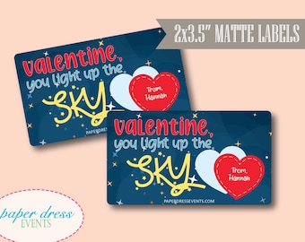 Set of 8 - Glow Stars Valentine You Light Up the Sky Labels Stickers - Personalized Classroom Valentines Kids Class Favor
