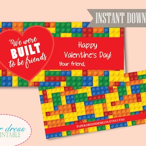 INSTANT Download We were built to be friends Valentine Building Block Treat Bag Topper Printable PDF File image 1