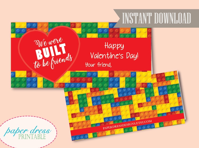 INSTANT Download We were built to be friends Valentine Building Block Treat Bag Topper Printable PDF File image 1