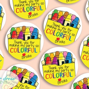 Set of 12 - Crayon Art Coloring Theme Thank You Birthday 2" Circle Tags Labels Stickers-