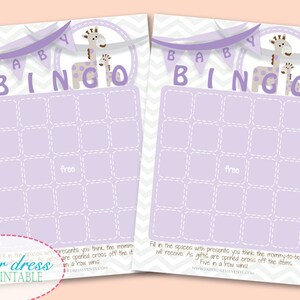INSTANT Download - Baby Giraffe Chevron Shower Bingo Game Card Purple - Printable PDF