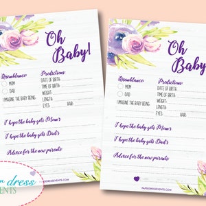 Set of 20 - Oh Baby - Baby Prediction - Baby Shower Game Cards - Purple Watercolor Theme
