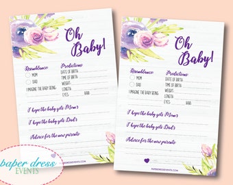 Set of 20 - Oh Baby - Baby Prediction - Baby Shower Game Cards - Purple Watercolor Theme