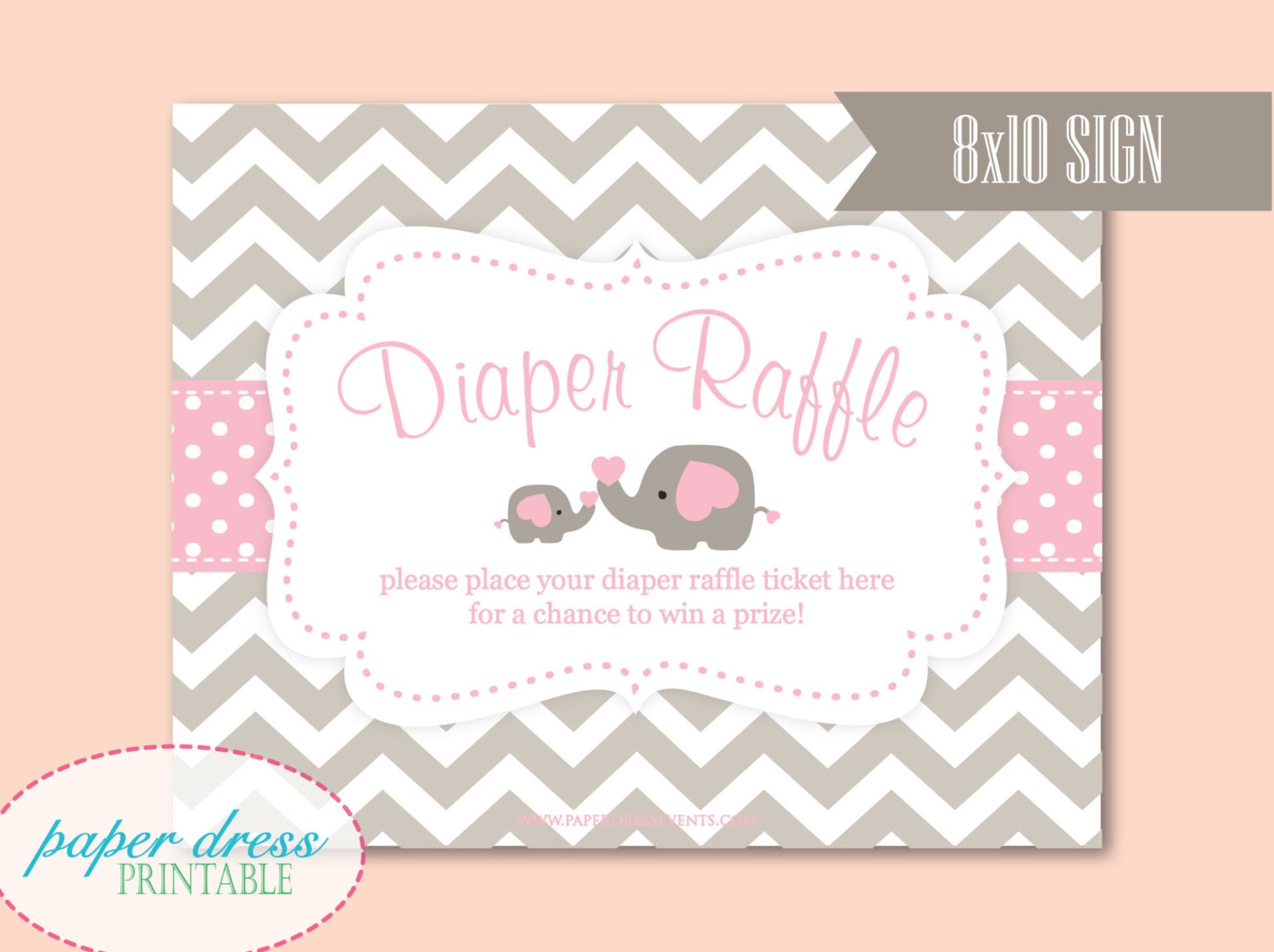 Elephant Chevron Pink Girl Baby Shower Diaper Raffle Card + Sign ...