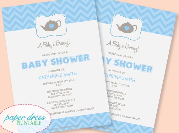 Baby Shower - A Baby is Brewing! Invitation Baby Pink Baby Blue - Teapot -  Chevron - Printable PDF - Etsy