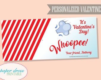 May include: A printable Valentine's Day card with a red and white striped background. The card features a cartoon illustration of a whoopie cushion with the text "It's Valentine's Day! Whoopee! Your friend, Anthony".