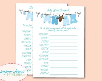 INSTANT Download - Baby Shower Clothesline Word Scramble Game - Blue - Printable PDF