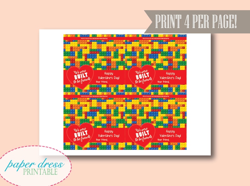 INSTANT Download We were built to be friends Valentine Building Block Treat Bag Topper Printable PDF File image 2