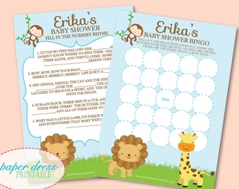Baby Shower - Baby Safari Jungle Shower Games - Bingo - Nursery Rhymes - Printable PDF