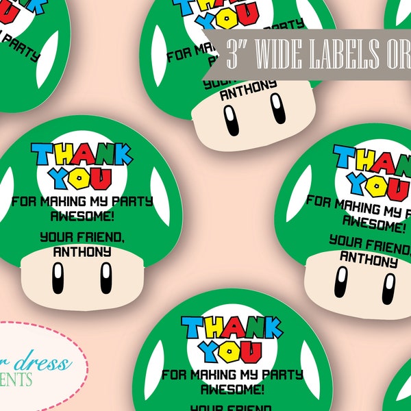 Super Mario 1 UP Inspired Birthday Thank You Tags Labels Stickers