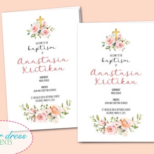 May include: A baptism announcement card with a pink floral design and gold cross. The card includes the name Anastasia Kritikou, the godparent, parents, and the date and location of the baptism. The text reads "Welcome to the baptism of Anastasia Kritikou, Godparent Maria Duros, Parents John and Christina Georgiou, St. Nicholas Greek Orthodox Church, Saturday, March 11, 2023."