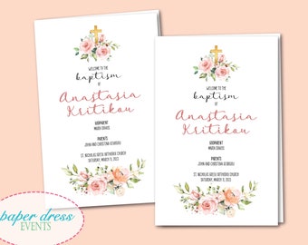 Blush Floral Greek Orthodox Baptism Translation Church Programs - Set of 50