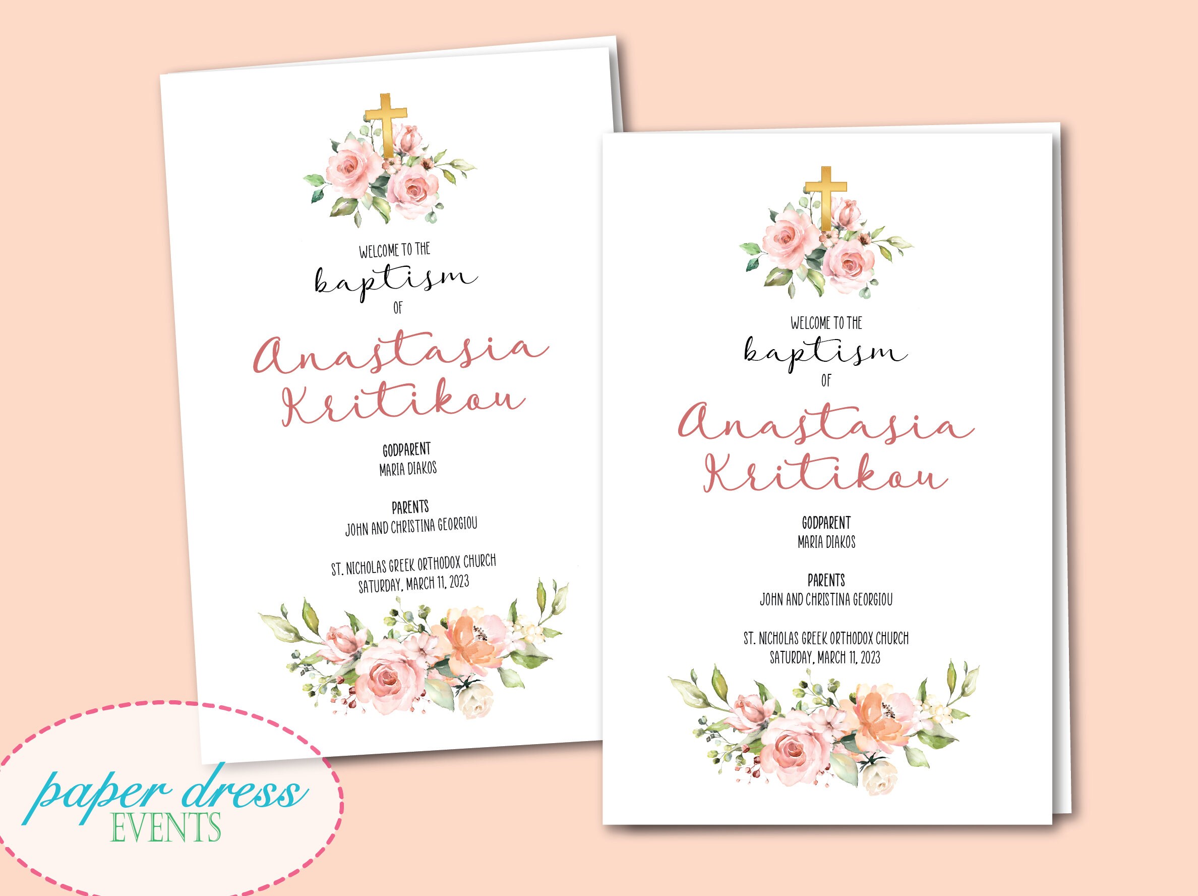 Blush Floral Greek Orthodox Baptism Translation Church Programs - Set of 50