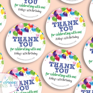 Set of 12 - Birthday Balloon Thank You Tags Labels Stickers