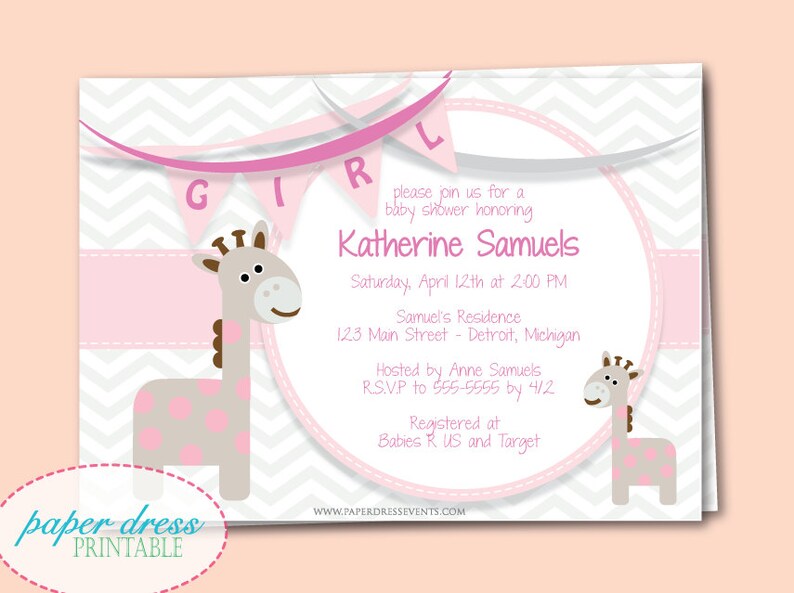 Baby Shower - Baby Giraffe Chevron Shower Invitation Pink Blue Yellow ...