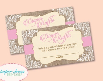 Rustic Pink Classic Burlap Baby Shower Diaper Raffle Card + Sign! Shabby Chic Girl Vintage Instant Download - Printable PDF