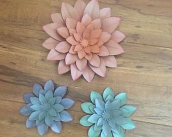 3 Small  Succulent Pastel Metal Flower Wall Art Decor-1 Med Peach & 1 small Truq and 1 small Blue Wall Hanging Decor