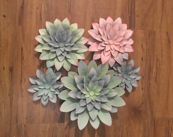 5 Pastel Succulent Flower  Cluster Metal Wall Art Boho Style Decor With Colors of Mint, Peach, Lilac, Green, Pink, Blue Hughes