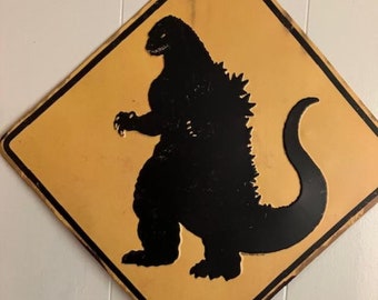 Godzilla Metal Wall Sign Painted Yellow and Black Boys Room Game Room