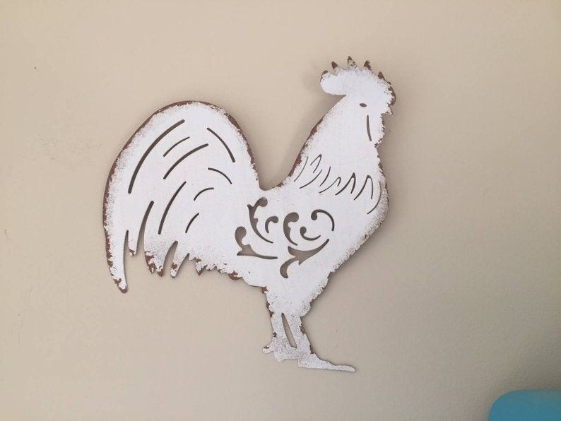 White Metal Distressed Rooster Wall Art Kitchen Decor