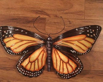 Monarch Butterfly Metal Wall Art Painted Yellow, Black With Orange and White Accents and Antenna and Arched Wings for Depth