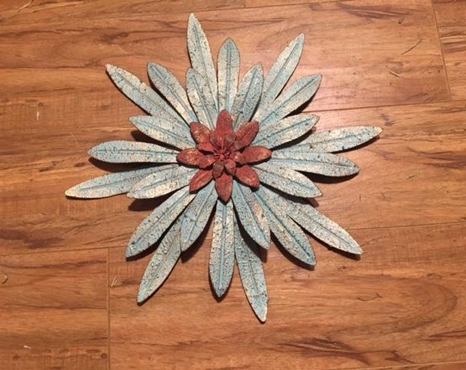 Turquoise and Orange Metal Flower, Metal Wall Flower, Distressed Metal